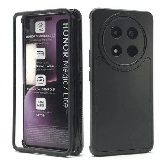 Funda 3 en 1 Icon Case Metalizada para Honor Magic 7 Lite, Carcasa, Protector, Uso Rudo, Protección 360, Full Case, Bumper, Antigolpes, Esquinas Reforzadas, Protección de Cámara - Negro