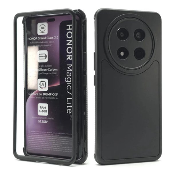 Funda 3 en 1 Icon Case Metalizada para Honor Magic 7 Lite, Carcasa, Protector, Uso Rudo, Protección 360, Full Case, Bumper, Antigolpes, Esquinas Reforzadas, Protección de Cámara - Negro