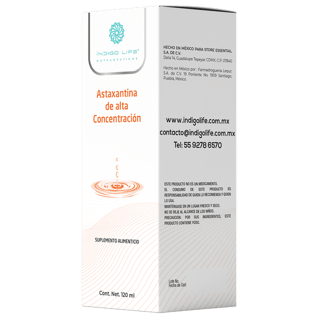 astaxantina de alta concentración indigo life nutraceuticos 120 ml caja blanca vertical con logo verde; frontal con texto naranja "Astaxantina de alta Concentración", gráfico de gotas, leyenda "Suplemento alimenticio" y lado derecho con información de contacto y texto legal.