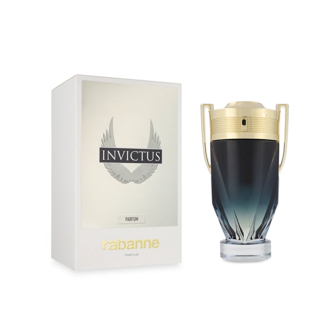 invictus parfum 200ml edp spray Frasco en forma de trofeo bicolor azul degradado a negro con asas y tapa doradas, capacidad 200 ml; caja blanca rectangular con logo INVICTUS y texto rabanne en dorado, vista frontal sobre fondo blanco. Fragancia aromática acuática para caballero con notas marinas y lavanda; su tamaño también lo hace adecuado para exhibir en tocador personal.