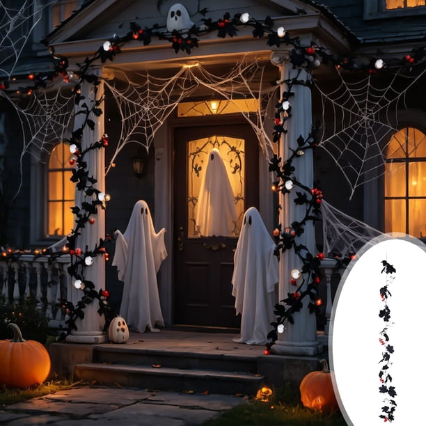 Guirnalda de hojas de arce artificiales negras con calabaza de ratán y bayas para decoración de chimenea y ventana de Halloween