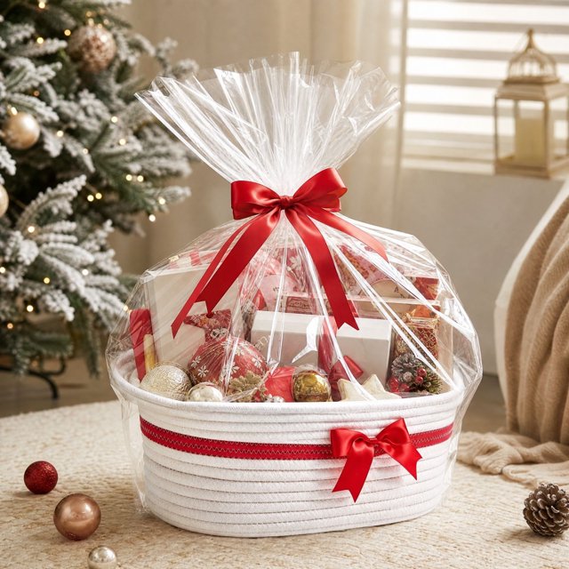 Cesta de regalo de cuerda de algodón con asas, contenedor de almacenamiento tejido con lazo y bolsa de regalo transparente para regalos navideños.