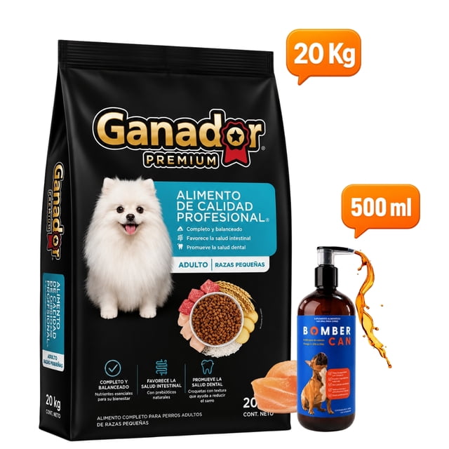 Croquetas Para Perro Ganador Premium Adulto Razas Pequeñas 20 Kg con Bomber Can aceite de Salmon 500 ml