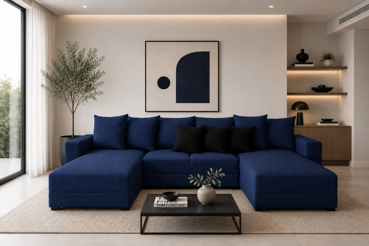 Sala Esquinera Modular en U El Bazar Store Oslo Lino Azul Marino 160x290x160 cm 3 Piezas