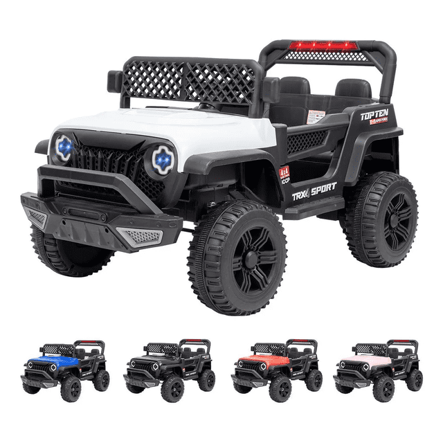 carro eléctrico jeep niño montable infantil control remoto color blanco Jeep montable infantil blanco, vista frontal 3/4 centrada; carrocería blanca con guardabarros y rejilla negros, faros LED redondos, ruedas negras con dibujo todoterreno, asientos dobles y jaula trasera con barra de luces rojas. Volante, pedal acelerador y puertas abatibles visibles; panel con Bluetooth y puerto USB-C. Funciona en modo manual o con control remoto e incluye control y cargador; soporta hasta 30 kg. Suele usarse en patio o jardín para recreo al aire libre.