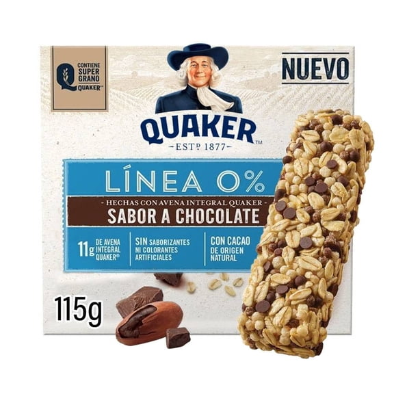 Barra de avena integral Quaker línea 0% sabor chocolate amargo 115 g