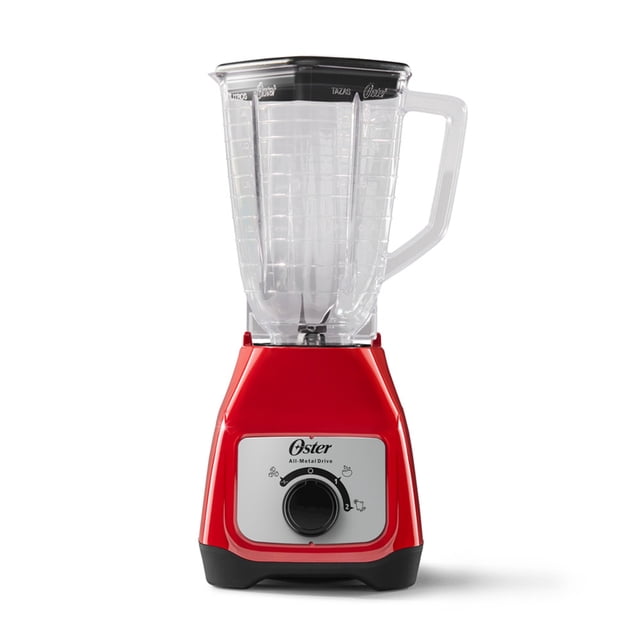 licuadora oster 2 velocidades 1.25l 800 W perilla color roja vista frontal centrada, base roja con perilla selectora negra en panel plateado, vaso transparente de 1.25 L con marcas de medida y tapa negra. A menudo se usa para preparar smoothies y pulsos cortos.
