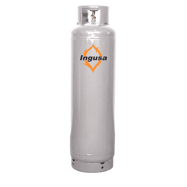 cilindro para gas lp de 45 kgs valvula tradicional gris INGUSA, vista frontal vertical de cilindro de 45 kg con pintura electrostática, cuerpo cilíndrico alto y base redondeada, válvula tradicional con protector metálico y logotipo INGUSA en el frente; probado hidrostáticamente y neumáticamente, presión máxima 240 PSI. Adecuado para asadores y carritos de comida.