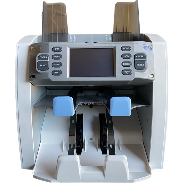 contadora de billetes cdm-950 Touch Screen, vista frontal centrada de la máquina gris compacta con pantalla táctil y botones, bandejas superior e inferior, guías azules y rodillos visibles; cuenta pesos, dólares y euros en modos Libre, Mixto, Por denominación, Encarado y Orientado; detección CIS/UV/MG/IR/MT, 1,200 billetes/min y puerto USB para actualización; adecuada para conciliación rápida en puntos de venta.