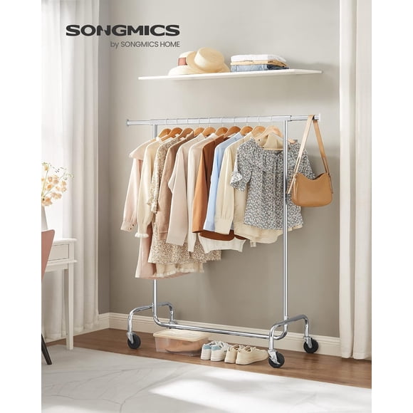 SONGMICS Burro Ropa con Ruedas, Perchero Burro Extensible, Carga Pesada, Carga de 130 kg, Fácil de Montar, Portátil, Plata