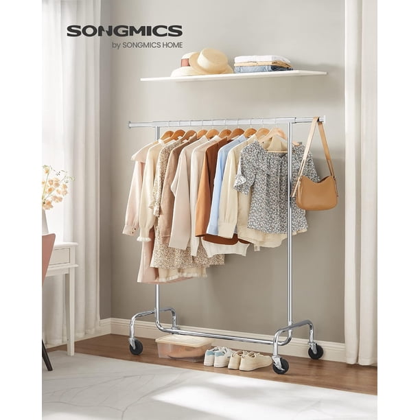 SONGMICS Burro Ropa con Ruedas, Perchero Burro Extensible, Carga Pesada, Carga de 130 kg, Fácil de Montar, Portátil, Plata