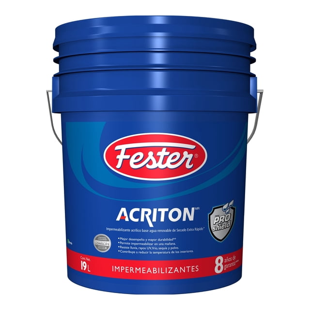 impermeabilizante acrílico base agua renovable de secado extra rápido fester acriton proshield 8 años 19 l verde, cubeta plástica azul de 19 L con tapa y asa metálica, etiqueta frontal con logo Fester y sello Proshield; diseñado para impermeabilización de techos y azoteas, secado extra rápido y resistencia a lluvia y rayos UV; también suele usarse para sellar terrazas y superficies horizontales.