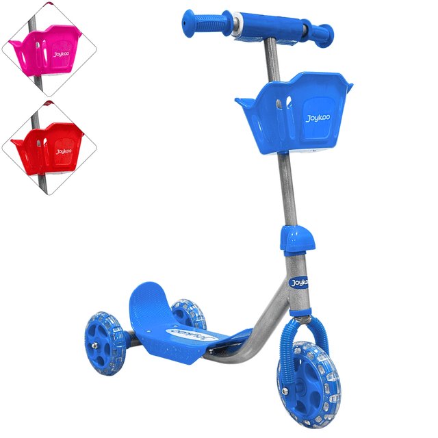 scooter para niños con canastilla tres ruedas de goma manubrio ajustable de 60 a 72 cm soporta hasta 25 kg - azul scooter infantil de tres ruedas con canastilla frontal azul, estructura de acero y plataforma antideslizante; manubrio ajustable 60 a 72 cm, ruedas de goma para estabilidad, apto desde 90 cm y carga máxima 25 kg. También suele usarse para enseñar equilibrio a niños pequeños.