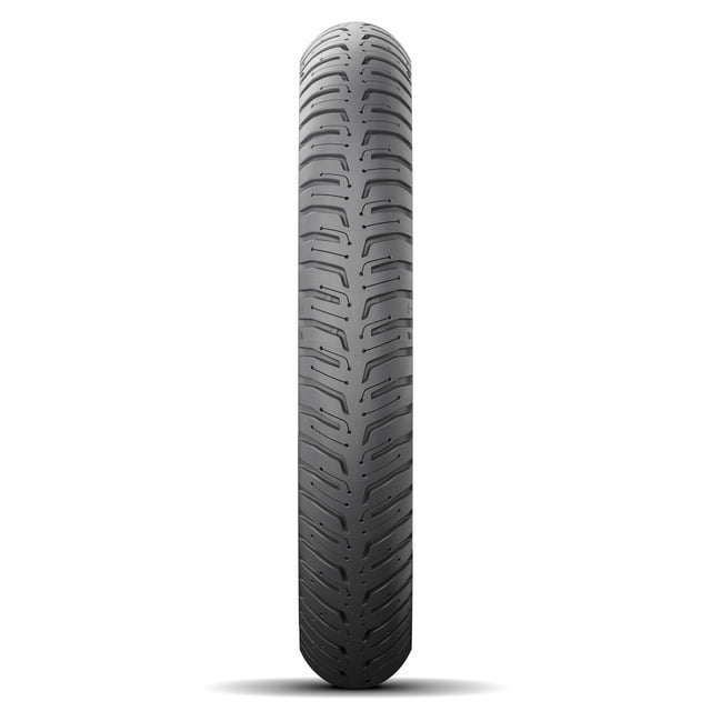 llanta para moto 80/90-17 michelin city extra 50s vista frontal del neumático 80/90-17 con patrón direccional en V y ranuras que canalizan agua, acabado negro mate y perfil estrecho; colocada vertical sobre fondo blanco.