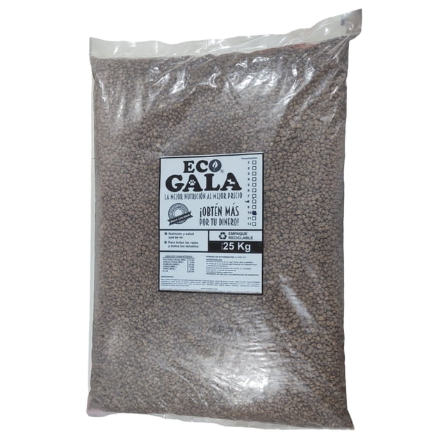 croquetas eco gala 10 para perro de 25 kg paquete transparente frontal lleno de croquetas marrón claro con etiqueta blanca que indica 25 kg y marca Eco Gala; alimento seco sabor a pollo, bolsa para alimento para perros, vista centrada y frontal.