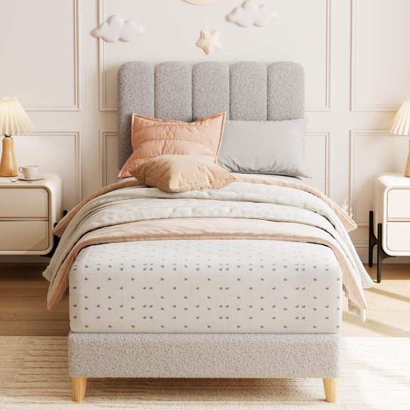 Yeshouse Cama individual con plataforma tapizada en bouclé y cabecero ondulado para niñas/niños. Fácil montaje. Soporte de listones de madera. No necesita somier.