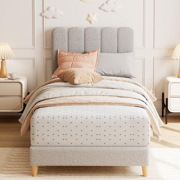 Yeshouse Cama individual con plataforma tapizada en bouclé y cabecero ondulado para niñas/niños. Fácil montaje. Soporte de listones de madera. No necesita somier.