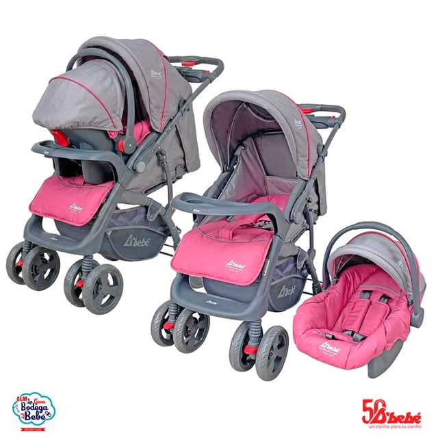 carriola con portabebe d´bebe aventura rosa Carriola travel system y silla de paseo rosa con manubrio reversible; vista frontal y 3/4 que muestra armazón gris, capota con ventana, charola porta-biberones desmontable y amplia canastilla inferior. Incluye portabebé rosa desmontable con arnés de 3 puntos y asa; ruedas delanteras dobles con seguro de giro y freno trasero visibles. Recomendado desde recién nacido hasta 36 meses; portabebé útil 0–12 meses y también funciona como balancín. Apto también para transportar cómodamente accesorios del bebé durante salidas.