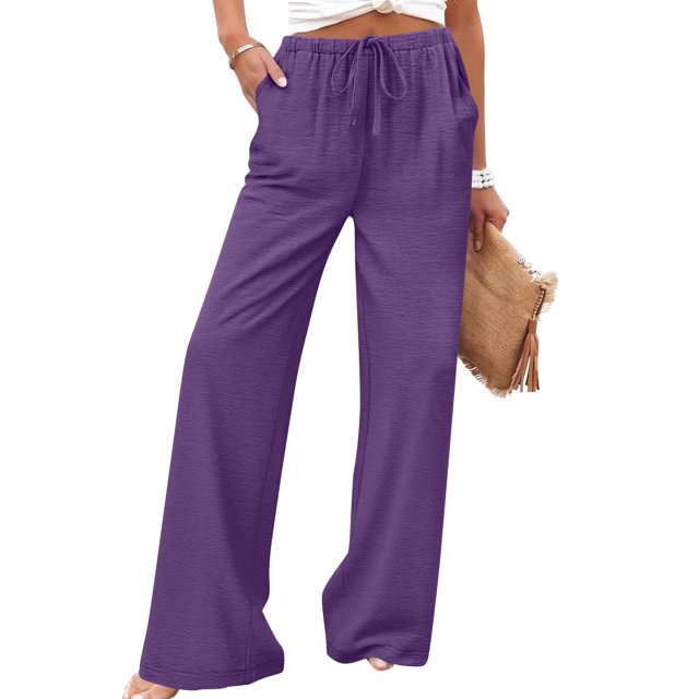 TaTaai Spring Summer Solid Color Women Casual Pants Cotton Linen Elastic Waist Straight Leg Breathable Lightweight Machine Washable No Fading Daily Wear Trousers Gift