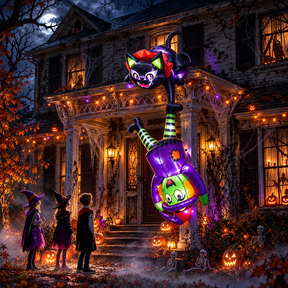 Inflable Halloween Bruja Gato Colgante Techo 2.43m Luz Led