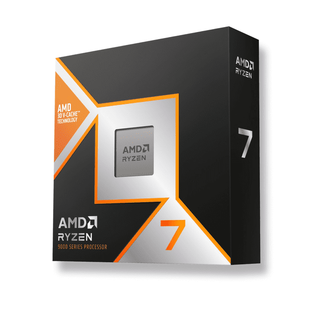 procesador amd ryzen 7 9800x3d 4.7 ghz octa core am5 caja negra y plateada frontal con logotipo AMD Ryzen y el número 7, ventana que muestra el procesador plateado; especificaciones: 8 núcleos, 16 hilos, socket AM5 y 3D V-Cache de segunda generación orientado a juegos. Su tamaño compacto lo hace adecuado para ensamblajes de computadora de escritorio.