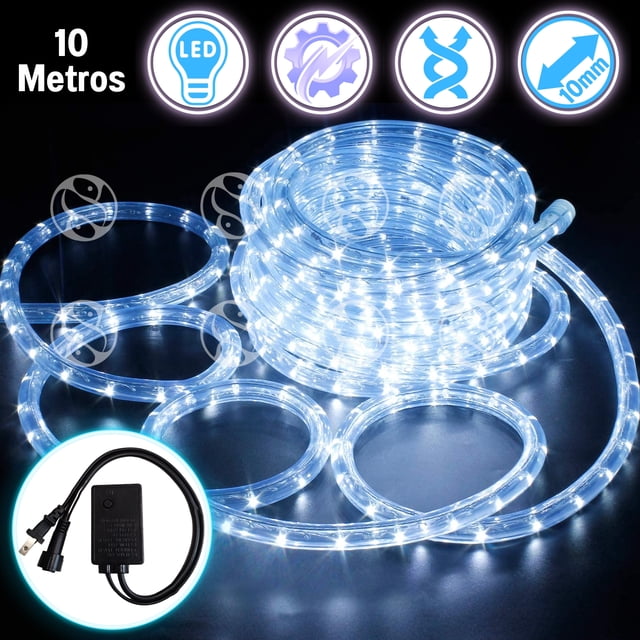 manguera navideña decorativa luz led blanco frio 10 metros dosyu dy-ice10m-mt, rollo de 10 m de tubo de silicón transparente con LEDs blanco frío visibles en su interior, enrollada sobre fondo oscuro en vista cenital; incluye caja de control negra. Resistente al agua IP65 (la fuente no es impermeable), flexible y recortable cada metro; 8 modos de iluminación, adecuada para decorar hogares, jardines, eventos y árboles de Navidad.