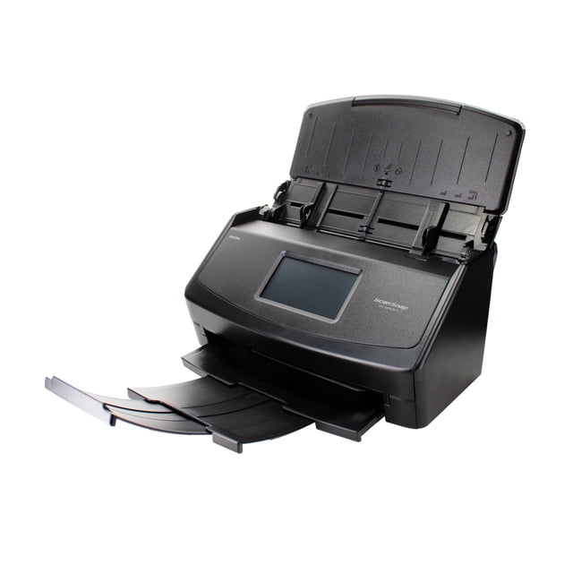 escáner fujitsu scansnap ix1600 adf 600dpi óptico negro 3/4 frontal con bandeja superior abierta, bandeja de salida desplegada y pantalla táctil central; carcasa negra mate, guías de papel ajustables y logo Fujitsu visible; suele usarse también para digitalizar lotes de recibos o documentos para archivo.