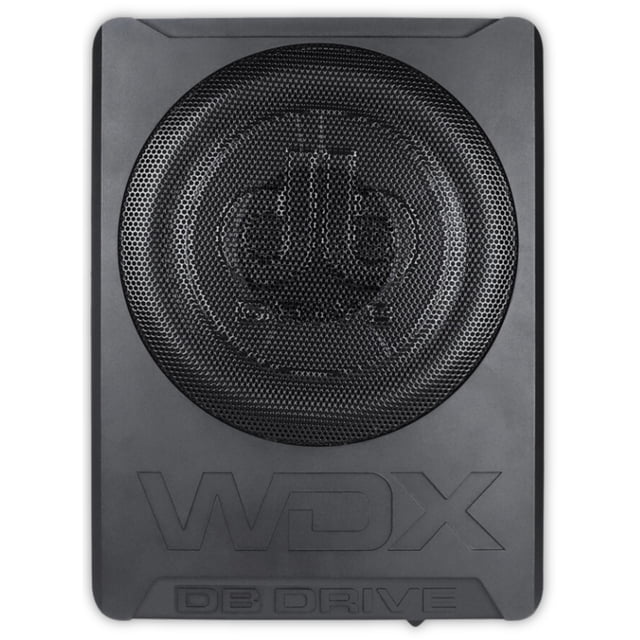 subwoofer amplificado db drive wdx-as10 900 watts 10 pulgadas 4 ohms db drive wdxas10 Subwoofer amplificado DB Drive WDX-AS10 de 10 pulgadas, vista frontal centrada de carcasa negra con parrilla circular perforada y logo DB visible; relieve WDX en la tapa; diseño compacto para instalación bajo el asiento, 250W RMS, filtro paso bajo ajustable y control remoto de ganancia incluido; también suele usarse como refuerzo compacto para cabinas de audio pequeñas.