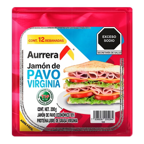 Jamón Virginia Aurrera Pavo 12 rebanadas 200 g