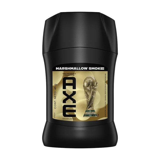 desodorante hombre axe barra marshmallow smoke 45 g edición limitada Copa Mundial 2026: envase negro frontal con etiqueta dorada que indica 'MARSHMALLOW SMOKE' y logo AXE vertical; barra sólida de 45 g para higiene personal masculina, fragancia con aceites esenciales de vainilla, avellana y dark musk según especificación.