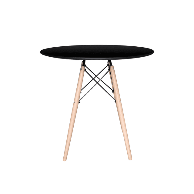 mesa redonda de madera estilo eames 80 cm styrka minimalista color negro. Vista frontal centrada de mesa de 80x80 cm con tablero MDF negro liso y base de tres patas de madera clara unidas por refuerzos de acero en X; superficie impermeable y antideslizante, soporte hasta 50 kg; diseño minimalista ideal para comedor, oficina o uso exterior ocasional.