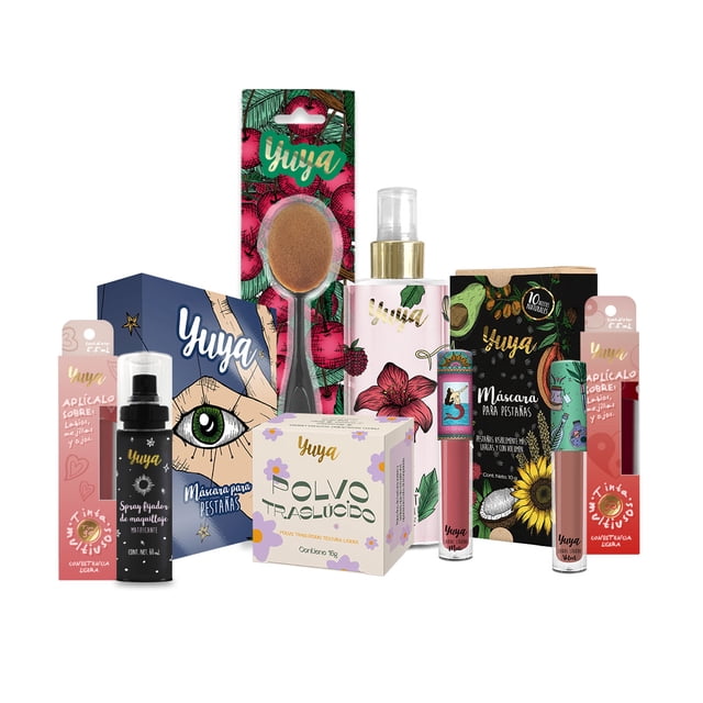 yuya kit completo de maquillaje para labios pestañas rostro y cuerpo set con 10 piezas que incluye 2 labiales líquidos mate (3 g c/u), 2 tintas multiusos (5.5 ml c/u), body mist 250 ml, máscara para pestañas doble aplicador, máscara con 10 aceites (10 g), polvo traslúcido (10 g), brocha oval (16 g) y spray fijador (60 ml); embalajes rosas y estampados tropicales, pensado para lograr volumen de pestañas y acabado facial uniforme.