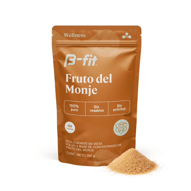 monk fruit 100% puro - fruta del monje sin eritritol - 100 g | b-fit pouch frontal de B-Fit Fruto del Monje con logo y textos '100% puro', 'Sin resabios' y 'Sin eritritol'; paquete color café anaranjado con peso neto 100 g impreso; montículo de polvo beige claro delante sobre fondo blanco. Indicado para endulzar 250 ml (1 g o 1 cdita medidora); a menudo se usa también para mezclar con bebidas y recetas bajas en azúcar.