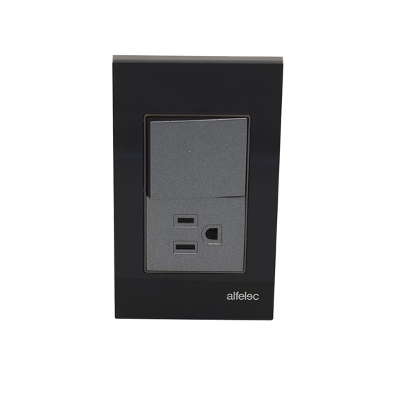 Placa con 1 apagador y 1 Contacto en Acrílico Negro Alfelec 5 Pzs Alfelec Linea Moon Black