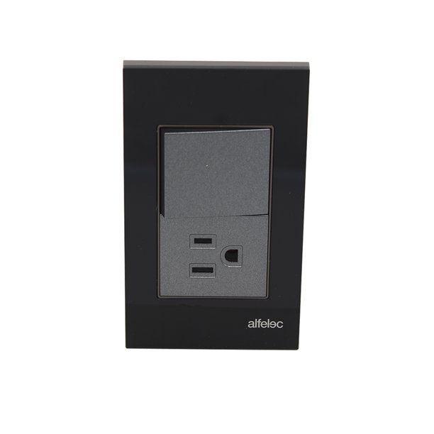 Placa con 1 apagador y 1 Contacto en Acrílico Negro Alfelec 5 Pzs Alfelec Linea Moon Black