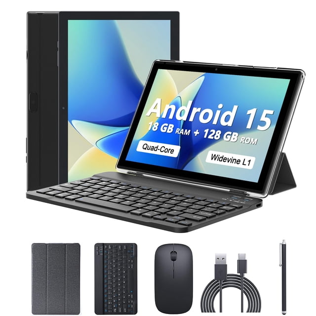 tablet cupeisi android 15 10 pulgadas 18 gb ram 128 gb rom 2 tb expandir vista 3/4 con funda tipo soporte y teclado desmontable; pantalla encendida con texto "Android 15 18 GB RAM + 128 GB ROM", carcasa negra texturizada y bordes delgados; accesorios visibles: funda plegable, teclado Bluetooth compacto, mouse inalámbrico, cable USB-C y lápiz táctil.
