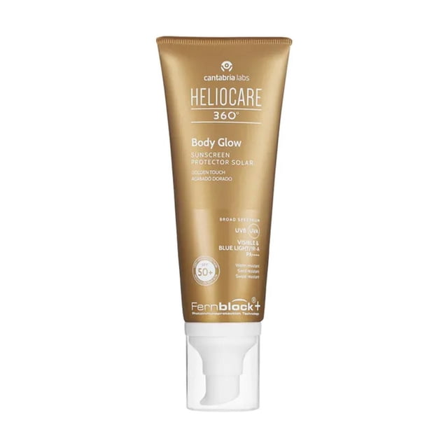 protector solar heliocare 360° body glow 100 ml emulsión en gel SPF 50+ acabado dorado; tubo dorado vertical con dispensador plástico blanco y texto Heliocare 360° visible; resistente al agua y al sudor, acabado corporal brillante, sin color y apto para piel sensible; también suele usarse para dar brillo ligero en brazos y piernas antes de eventos.