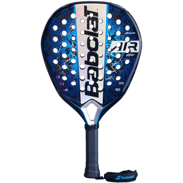pala de pádel babolat air viper 2.5 355 g carbono pala forma lágrima frontal, superficie de carbono 16K con textura 3D Spin+ y patrón de agujeros HPS, marco de carbono y núcleo EVA Sandwich, logotipo Babolat vertical y empuñadura Syntec Team con correa Smart Buttcap; diseño ligero y equilibrado para velocidad y control, adecuada para entrenar reflejos y transiciones rápidas.