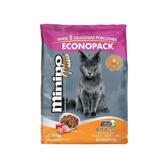 Alimento para Gato Minino Plus Todas las Edades Pollo Pavo y Res 500 g