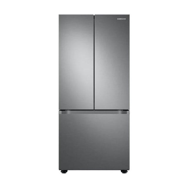 refrigerador samsung 22 pies french door rf22a4010s9 em French door Refined Inox, vista frontal centrada con dos puertas superiores y cajón inferior congelador; panel liso con logo Samsung en esquina superior derecha, acabado metálico mate y tiradores integrados. Cuenta con parrillas de cristal templado y compresor digital inverter; también suele usarse como almacenamiento frío adicional para bebidas en eventos en casa.