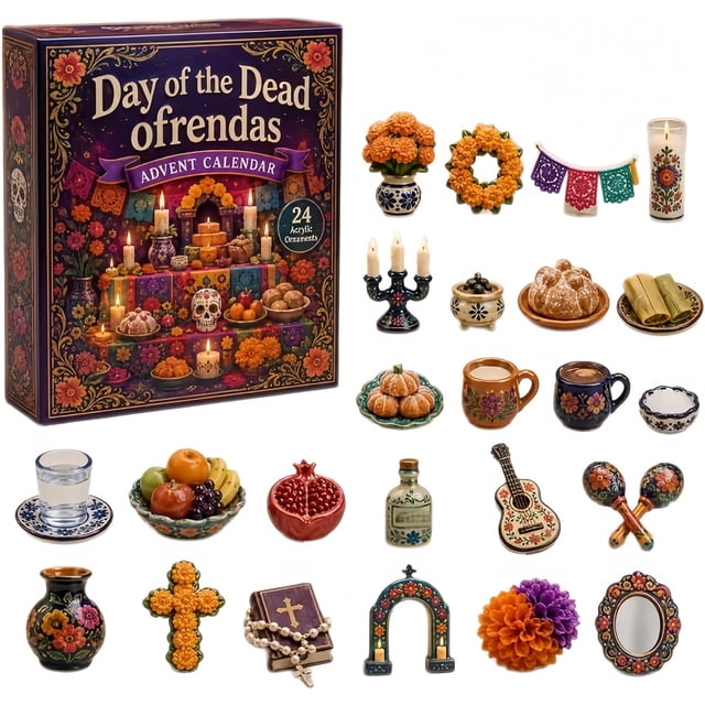 Day of the Dead Ofrendas Advent Calendar Cuenta Regresiva de 24 Días con Adornos 2D de Acrílico con Temática Cultural para Exhibición en Estante y Escritorio y Decoración Festiva (Calendario-Dead