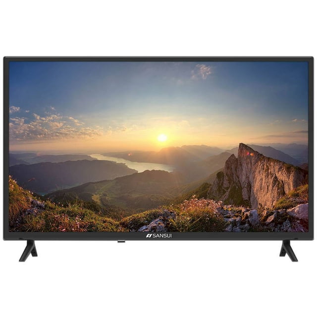 televisión led sansui smx32t1h de 32 , resolución 1280 x 720 hd. Televisión LED Sansui SMX32T1H de 32" color negro, vista frontal centrada con pantalla encendida mostrando un paisaje al amanecer; bisel delgado, logotipo Sansui en el marco inferior, patas en V para soporte, conectores HDMI y USB visibles, montaje en pared compatible y frecuencia de actualización 60 Hz. También suele usarse como segunda pantalla para consolas o streaming en espacios pequeños.