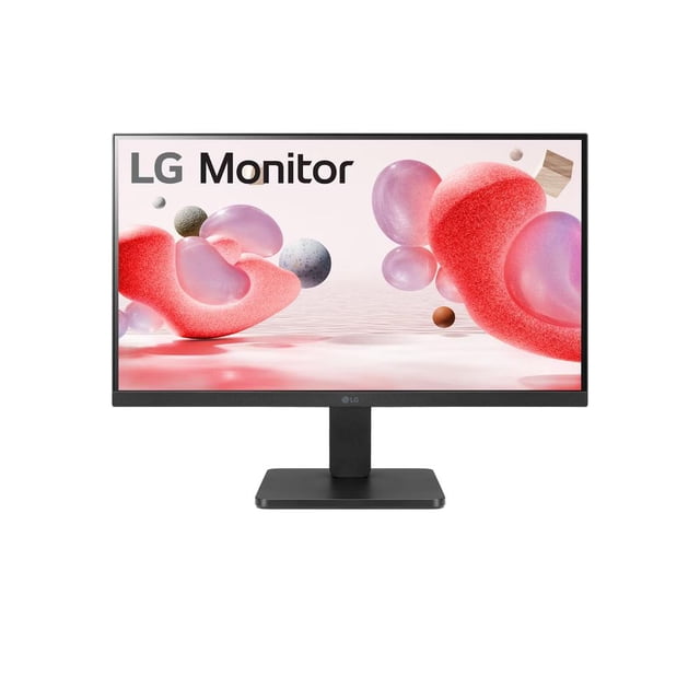 monitor 22 full hd con amd freesync 22mr410-b led Negro LG monitor 21.45" Full HD 1920x1080, vista frontal centrada con marco delgado y base rectangular visible y pantalla plana con gráficos rosas; incluye modo de lectura, movimiento rápido y fluido y diseño ergonómico, adecuado para gaming con AMD FreeSync.