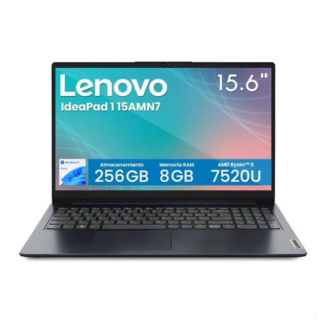 laptop lenovo ideapad 1 15amn7 amd ryzen 5 7520u 8gb 256gb ssd 15.6" fhd touch windows 11 home azul abyss — Vista frontal centrada, abierta; pantalla táctil 15.6" Full HD, teclado completo con panel táctil y carcasa color Azul Abyss. Texto en pantalla indica 8GB RAM, 256GB SSD y AMD Ryzen 5.