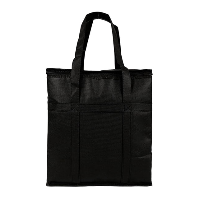 bolsas térmicas para llevar bolsa térmica para entrega de alimentos bolsa térmica para alimentos de gran capacidad negro con parte inferior vista frontal centrada de bolsa térmica negra con asas dobles y cremallera superior; tejido no tejido con costuras reforzadas y base rígida visible; dimensiones 33 x 20.5 x 35.5 cm; bolsillo exterior plano y asas largas para mano u hombro; adecuada para entrega de alimentos, picnics y transporte de bebidas y comestibles.