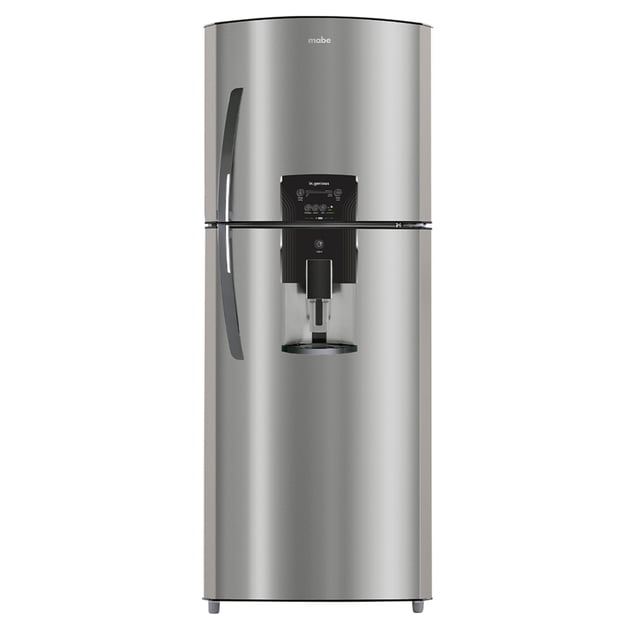 refrigerador automático 300 l inox mabe - rma300fzmrx0 refrigerador top mount inoxidable, vista frontal centrada con dispensador de agua y panel táctil en la puerta superior; anaquel para botellas de hasta 3 L y desmoldador de hielos integrado en el dispensador, también adecuado para enfriar bebidas listas para servir en reuniones.