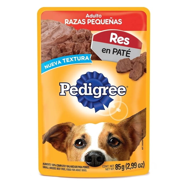 alimento para perro pedigree adulto razas pequeñas res en paté 85 g paquete frontal amarillo con logo Pedigree, texto 'Res en paté' y 'Razas pequeñas', trozos de paté en la parte superior y rostro de un perro pequeño en la parte inferior; pouch de 85 g, ideal como comida húmeda para perros adultos de razas pequeñas y a menudo usado como complemento húmedo sobre croquetas o para porciones de viaje.
