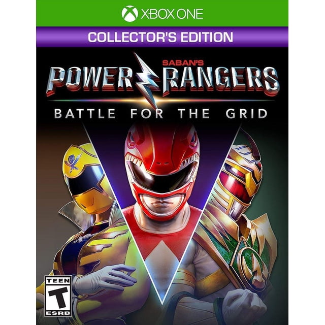 power rangers: battle for the grid collector's edition xbox one game Nuevo — Carátula frontal centrada con banda verde de Xbox One y franja morada 'Collector's Edition'; logo del juego arriba; tres rangers en 3/4 (rojo al centro, amarillo a la izquierda, verde con acentos dorados a la derecha) con cascos y acabado metálico, triángulo luminoso detrás del ranger rojo y fondo oscuro degradado, juego de pelea 3 contra 3 en edición de colección.