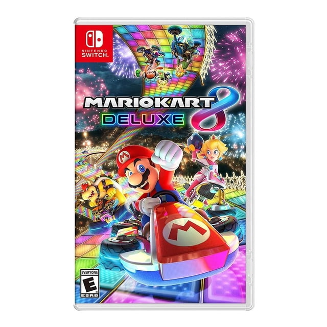 mario kart 8 deluxe nintendo switch físico estuche blanco con carátula que muestra a Mario en primer plano conduciendo un kart rojo con emblema M, Peach y Bowser detrás sobre un circuito arcoíris y el logotipo "Mario Kart 8 Deluxe"; videojuego de carreras multijugador para Nintendo Switch, hasta 12 jugadores en línea y hasta 8 en local.