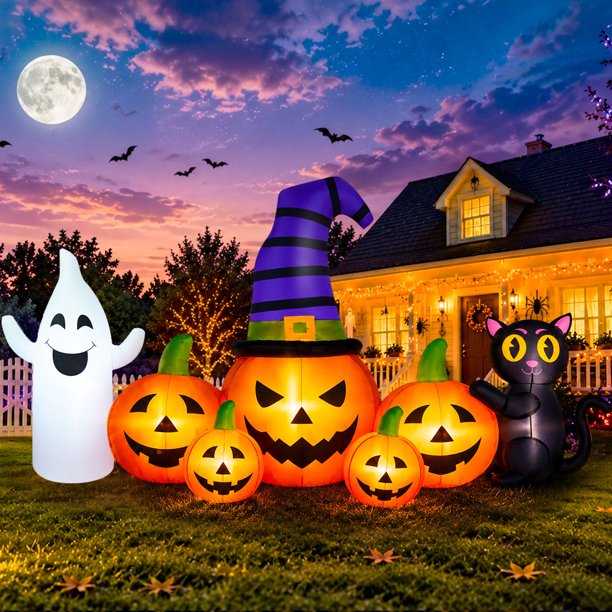 Yexmas Calabaza Inflable de Halloween de 8 Ft de Largo con Fantasma y Gato Negro, Decoración de Halloween para Exteriores con Luces LED para Patio, Césped, Jardín, Porche, Decoración de Fiesta